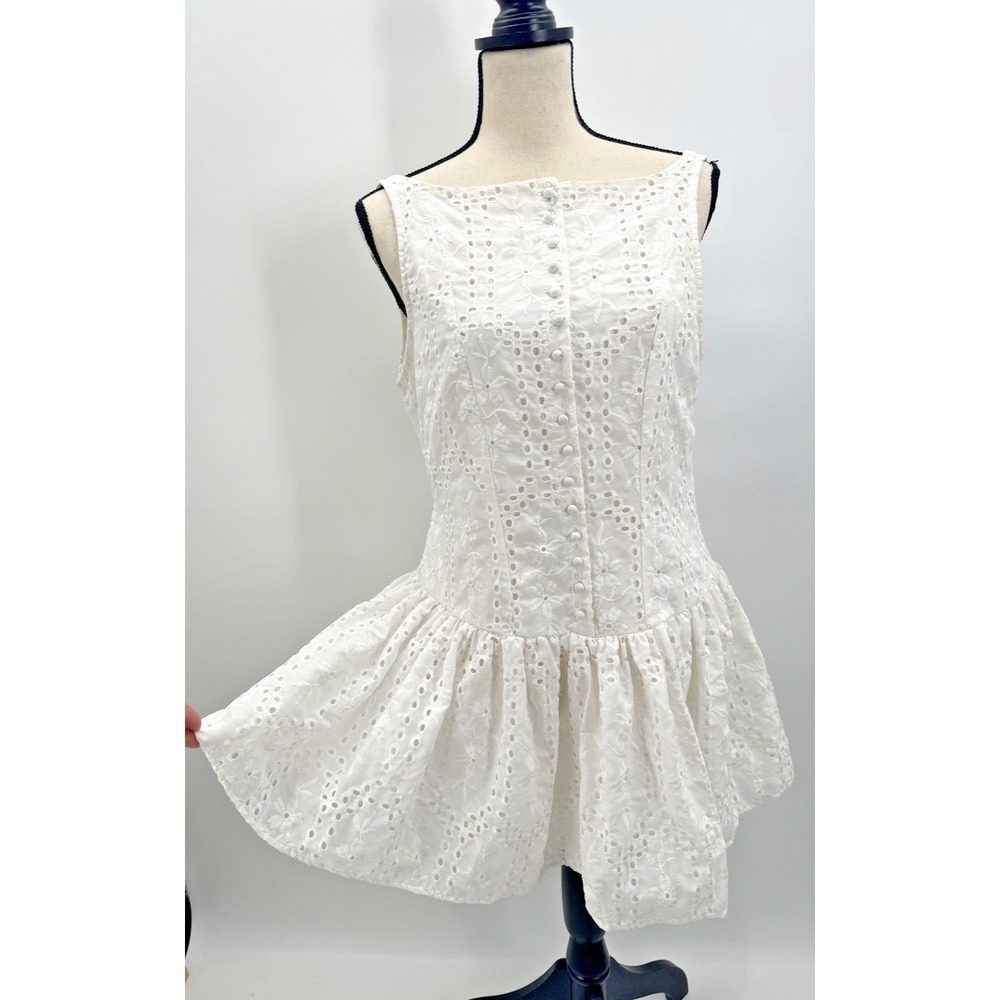 Eyelet Lace Drop Waist Mini Dress Large Open Back Button Front High Neck Cottage - Picture 3 of 11